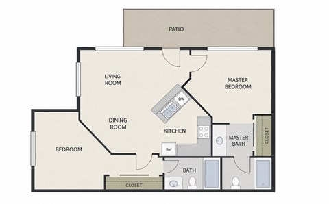 Floor plan for 2 beds, 2 baths, 675 sqft